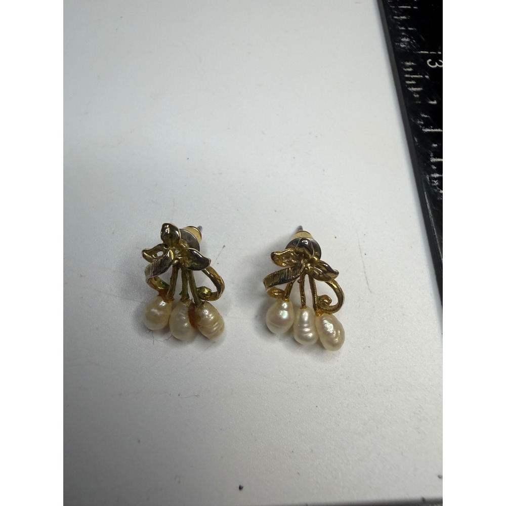 Gold Tone Bow Faux Pearl Drop Stud Earrings Cream Teardrop Dangle